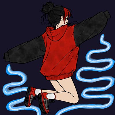 realistic girl jumping with a bun and oversized sweatshirt