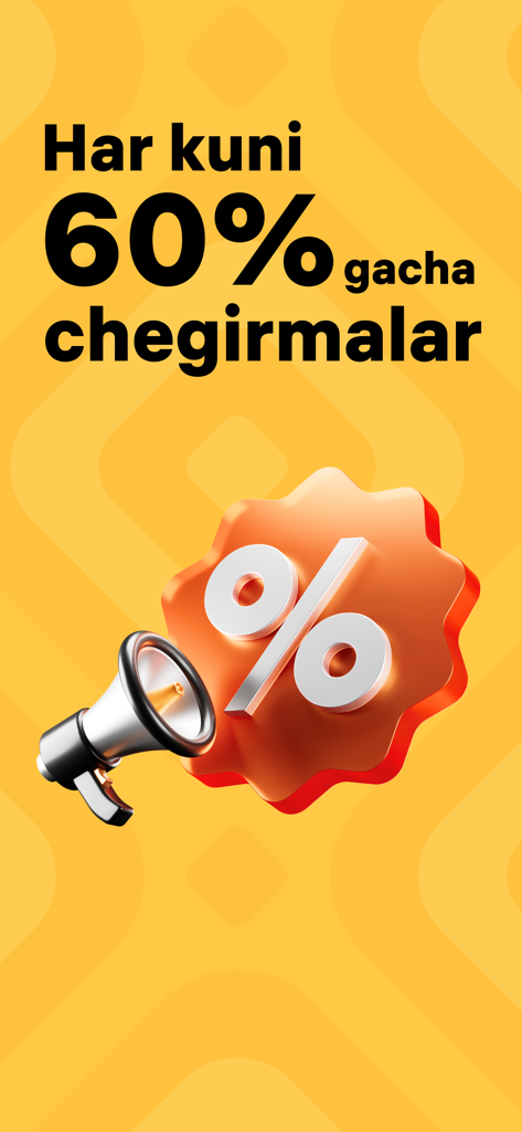 Alif Shop: Маркетплейс техники - Alif Shop Werbebildschirm mit täglichen Rabatten bis zu sechzig Prozent mit einem Megafon und einem Prozentzeichen