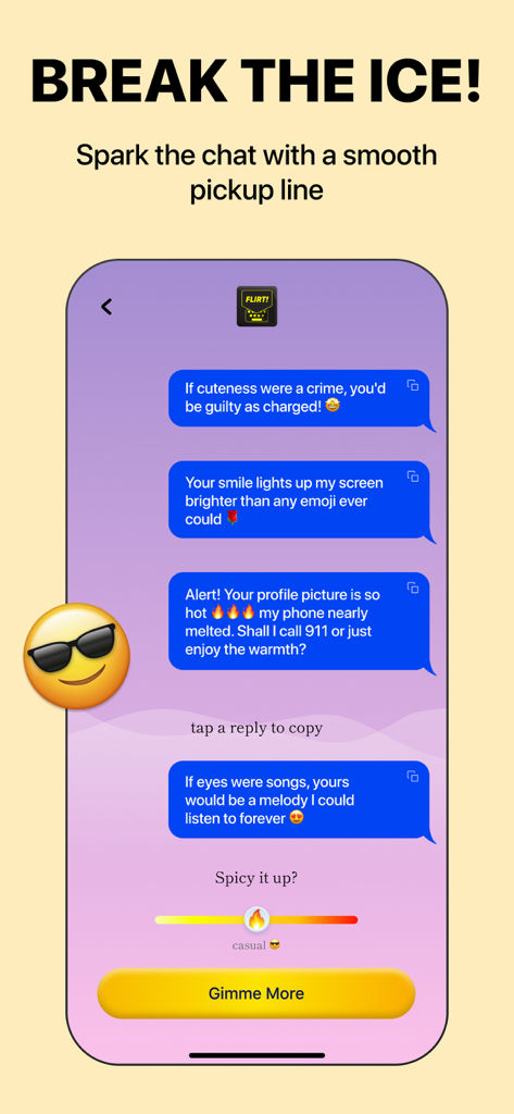 RizzPRO - AI Flirt Keyboard - A mobile app interface displaying AI-generated pickup lines with a tone slider from casual to spicy.