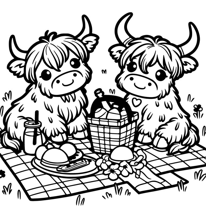 two highland cows at a picnic
