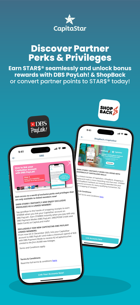 CapitaStar app interface showcasing partner perks and reward opportunities with DBS PayLah and ShopBack