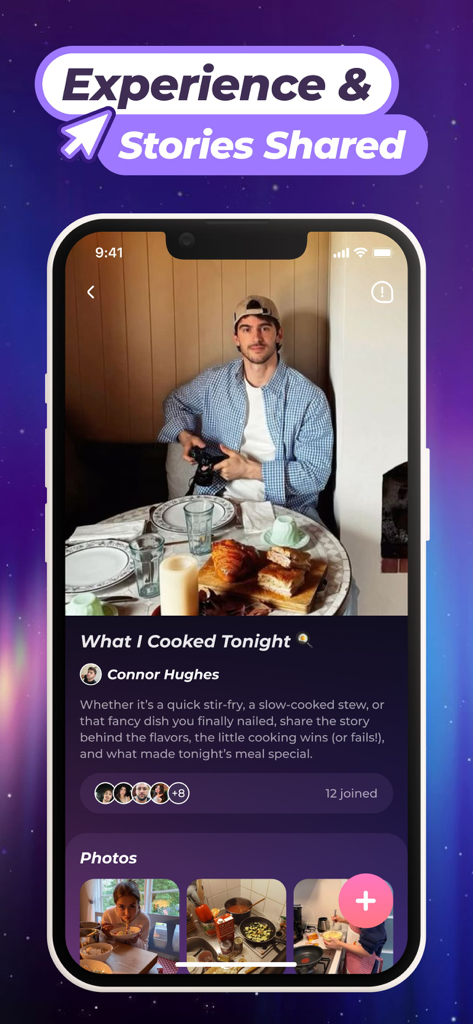Fancy: Video Chat, Live, Meet - Fancy app interface displaying a shared user story about cooking with photos and a group discussion.