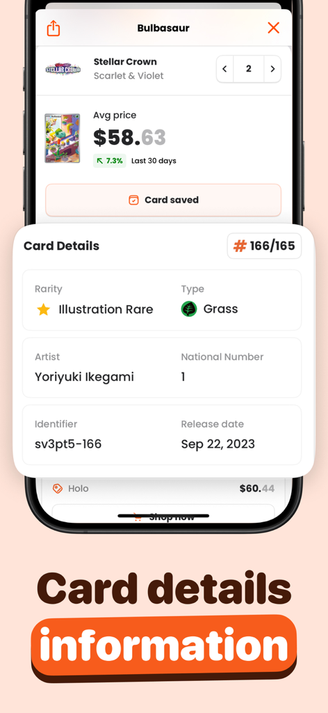 Acorn TCG Card Value Scanner - Detailed view of a Pokemon card including market price and rarity in the Acorn TCG app
