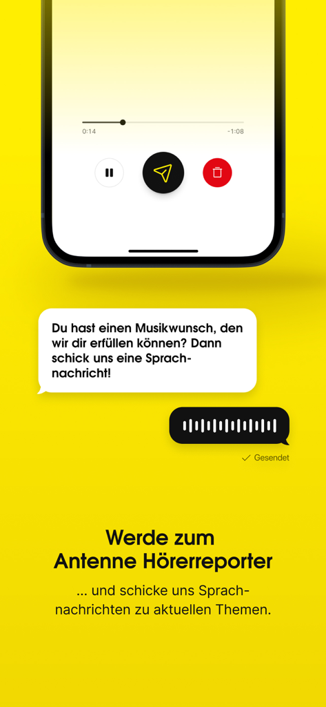 Antenne Kärnten App-Oberfläche zum Senden von Sprachnachrichten und Songwünschen an den Radiosender