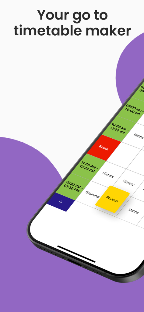 Um smartphone exibindo um cronograma semanal colorido e organizado com blocos de tempo para aulas e intervalos.