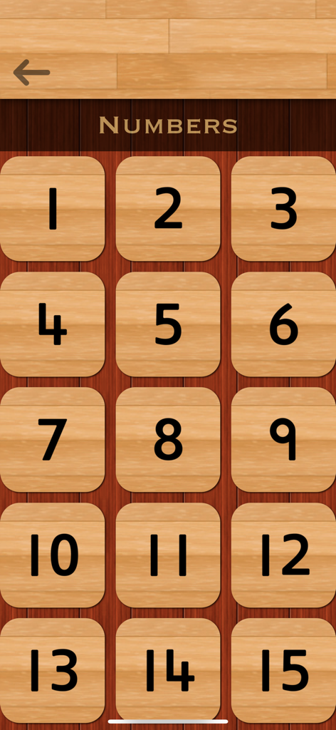 A menu showing a grid of wooden tiles with numbers 1 to 15 for language learning.