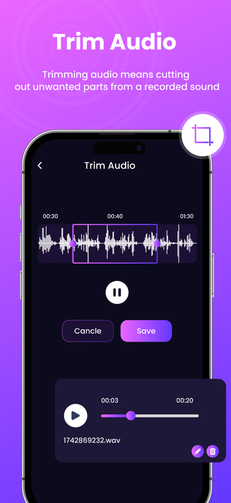 AI Dubbing : Voice Changer - AIダビングアプリのインターフェースに、サウンド波形と編集コントロールが表示されたオーディオトリミングツールが表示されています。