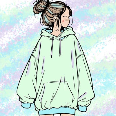 realistic girl with a oversized sweatshirt on and a bun