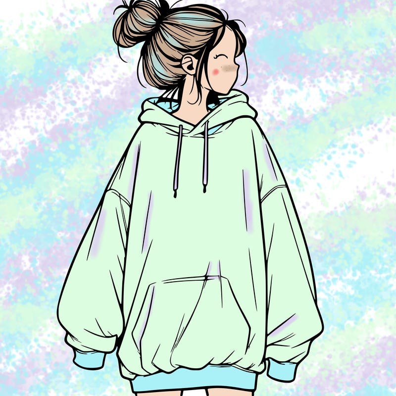 realistic girl with a oversized sweatshirt on and a bun