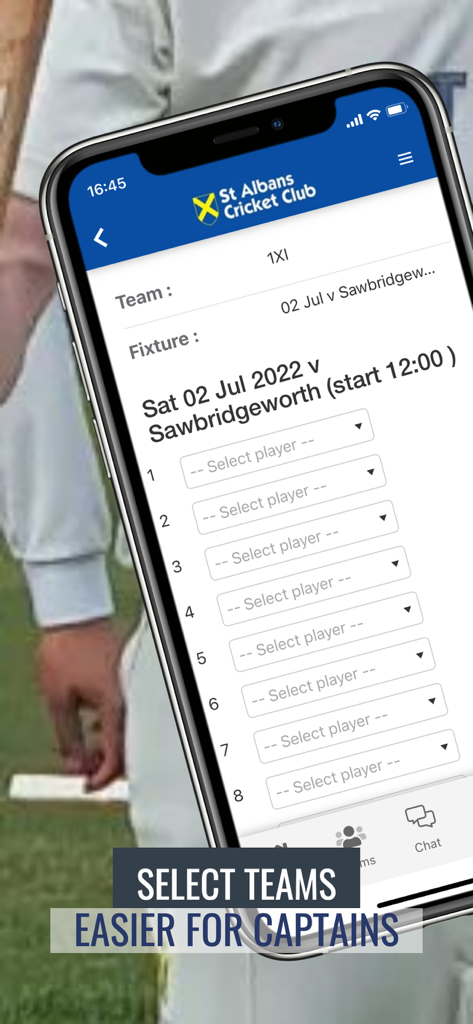 Hitssports App-Oberfläche, die eine Liste zur Auswahl von Teamspielern für eine Sportveranstaltung anzeigt