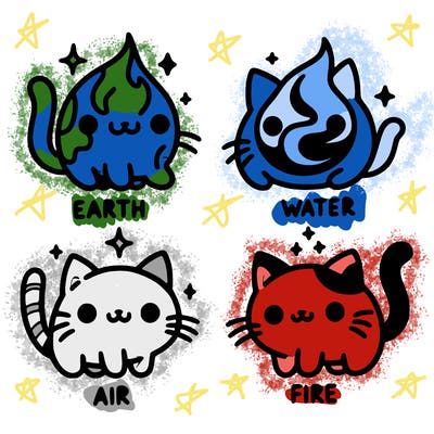 4 cats that represent the different elements, earth, water, air, and fire