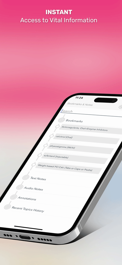 Skyscape Rx mobile app interface showing bookmarks and clinical notes for drugs