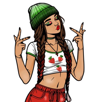 realistic teenage girl with braids and a beanie and crop top doing 🫶🏼