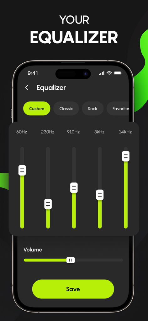AM FM Radio USA Tuner Live App - Interface of the AM FM Radio USA Tuner Live App showing customizable equalizer settings with frequency sliders and volume control