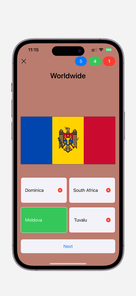 Flag Quiz: Flags of the World - Mobile app screenshot of Flag Quiz showing a question to identify the flag of Moldova with multiple choice options.