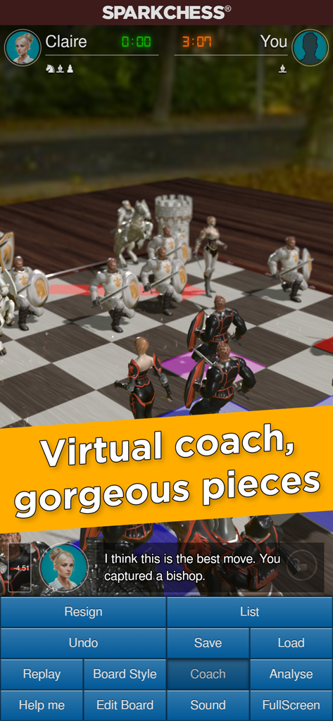 SparkChess Pro - A screenshot of SparkChess Pro featuring a 3D fantasy chess set and a message from the virtual coach providing move analysis.