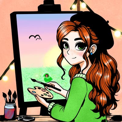 realistic girl artist painting a blank canvas