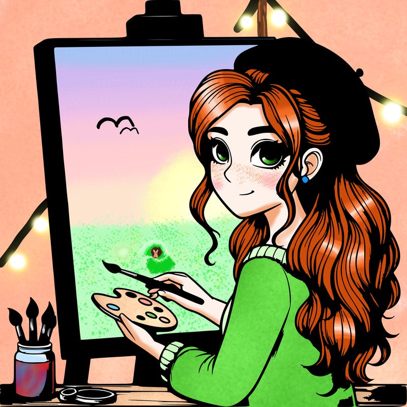 realistic girl artist painting a blank canvas