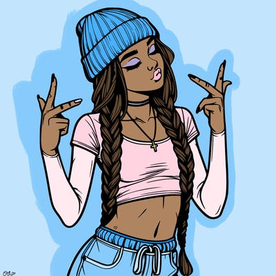 realistic teenage girl with braids and a beanie and crop top doing 🫶🏼