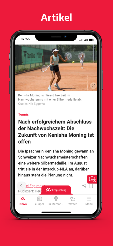 ajour - News article about a tennis player on the ajour mobile app interface