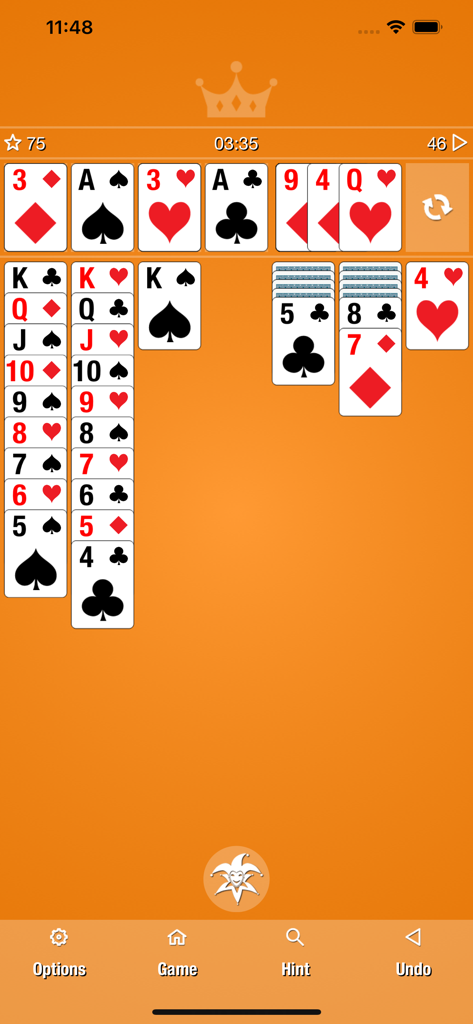 Simple Classic Solitaire - Classic Klondike solitaire card game in progress with an orange background and navigation menu