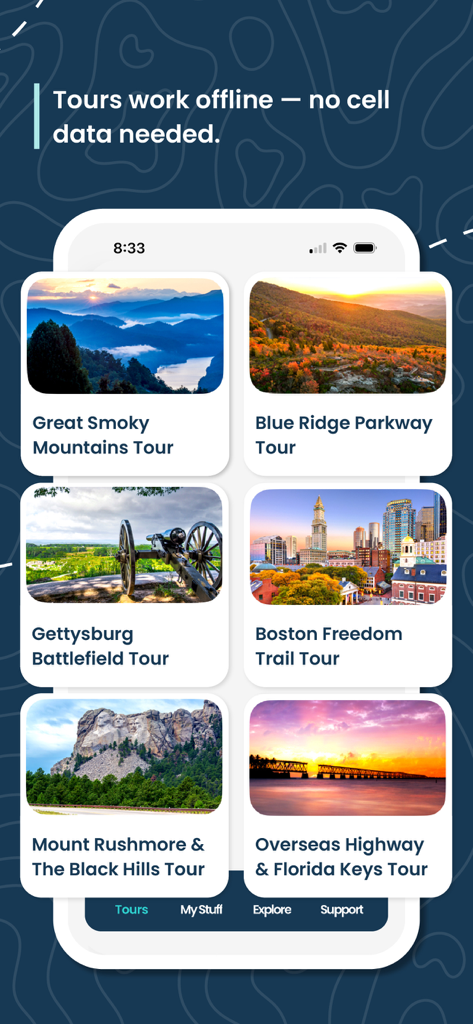 Shaka Guide | GPS Audio Tours - Shaka Guide app screen showing a variety of GPS audio tours including Great Smoky Mountains and Gettysburg with a message about offline functionality