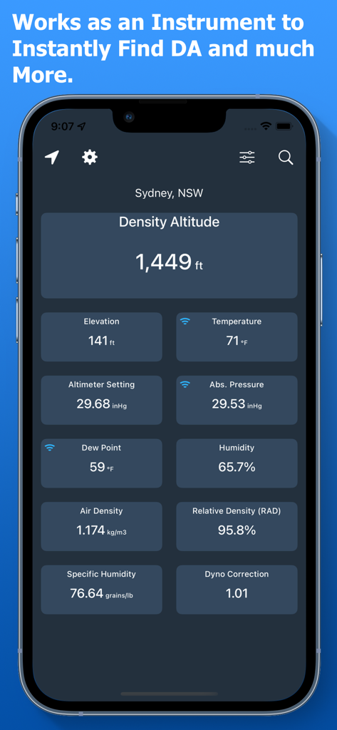 Density Altitude plus mobile app dashboard showing altitude temperature humidity and relative air density measurements