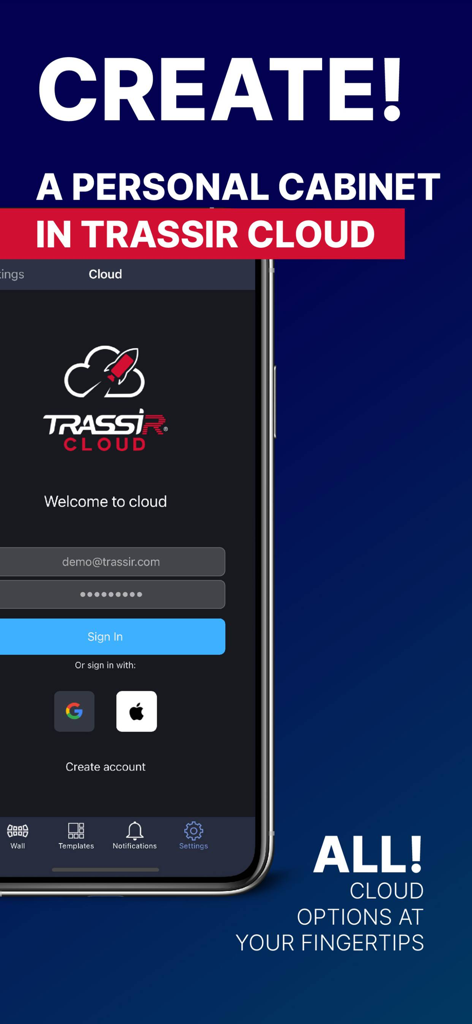 Video Surveillance TRASSIR - TRASSIR Cloud login interface with sign in options for email, Google, and Apple accounts