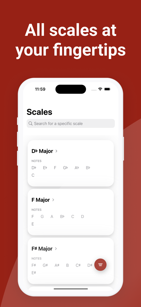 Scale Finder: Guitar Theory - Interface of the Scale Finder app displaying a list of guitar scales and their notes