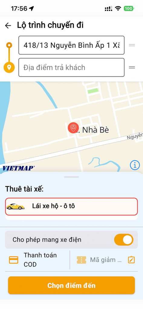 Alo Go - Đặt Food - Gọi Xế - Alo Go mobile app interface for booking a private driver with map and route details