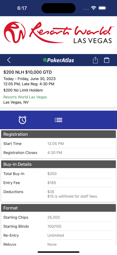 PokerAtlas mobile app screenshot displaying tournament registration buy-in details and format for Resorts World Las Vegas