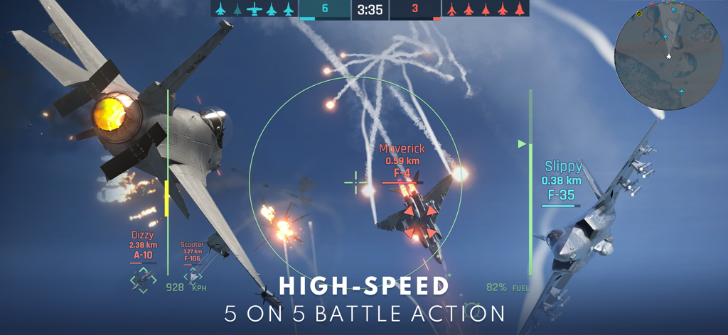 A high-speed 5v5 aerial dogfight in Metalstorm featuring fighter jets like the F-35 and F-4.