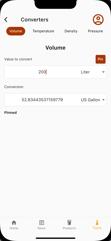 Fermentis - Écran du convertisseur de volume de l'application Fermentis montrant la conversion de litres en gallons américains pour les brasseurs