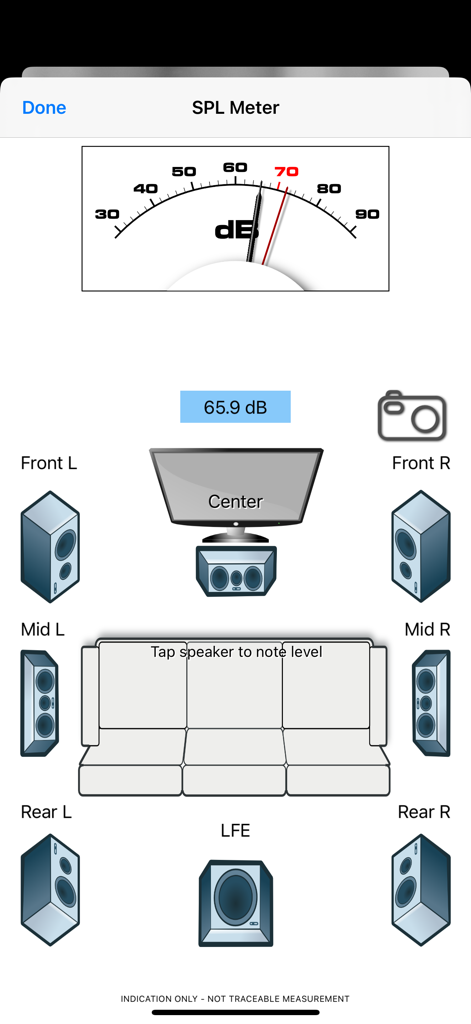 Home Theater SPL - Benutzeroberfläche der Home Theater SPL App mit einem Dezibel-Messgerät und einem 7.1-Surround-Sound-Lautsprecher-Layout für die Audiokalibrierung.