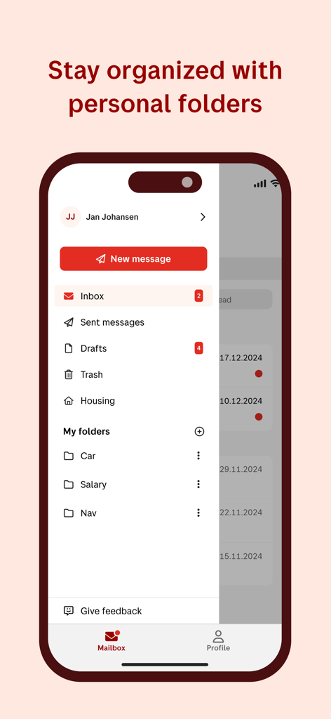 Digipost - Interfaccia dell'app mobile Digipost che mostra cartelle personali personalizzate per l'organizzazione di documenti digitali.