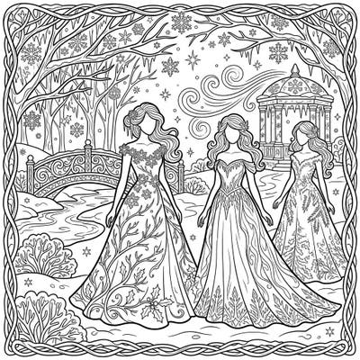 Dive into a world of elegance with this captivating coloring page featuring three exquisite evening gowns adorned with delicate winter motifs. Explore a magical snowy landscape complete with frosted trees, a charming bridge, and a beautiful gazebo, all ready for your creative touch.