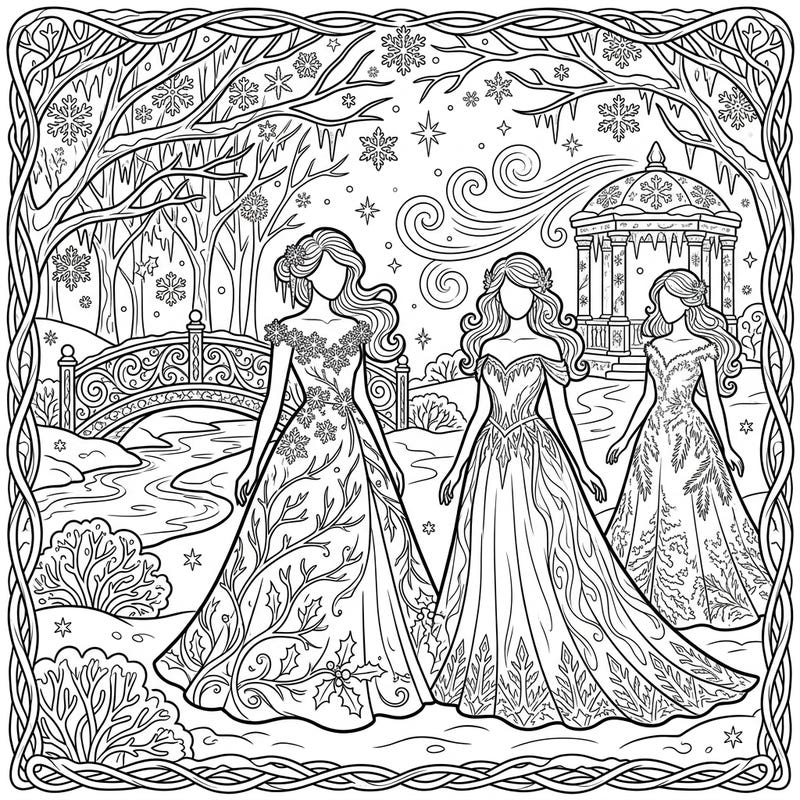 Dive into a world of elegance with this captivating coloring page featuring three exquisite evening gowns adorned with delicate winter motifs. Explore a magical snowy landscape complete with frosted trees, a charming bridge, and a beautiful gazebo, all ready for your creative touch.