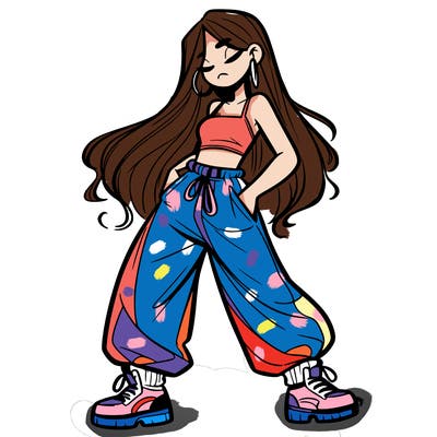 girl in baggy pants crop top and long hair