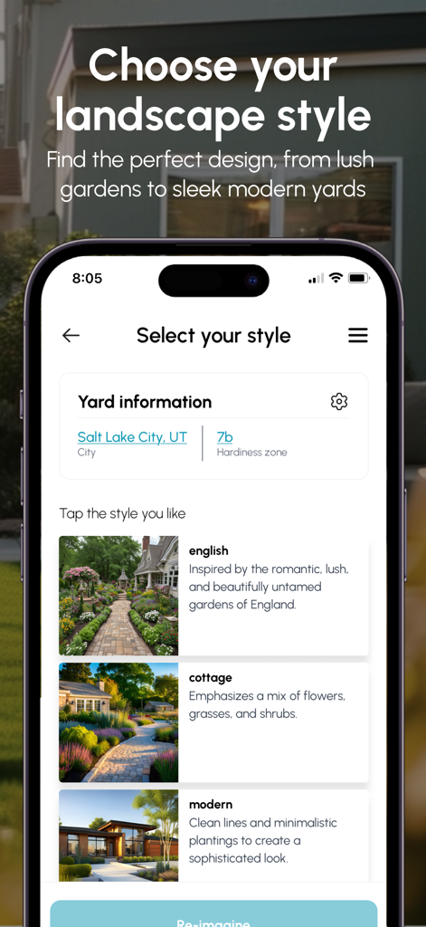 Oberfläche der Neighborbrite App mit einer Liste von Landschaftsstilen, einschließlich englischer, Cottage- und moderner Stile