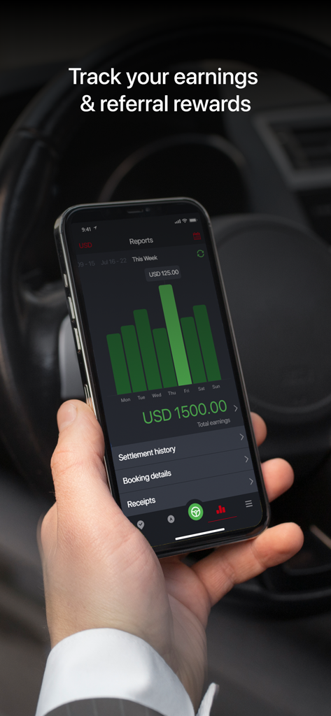 Global Driver - Smartphone screen displaying the Global Driver app weekly earnings report and revenue bar chart
