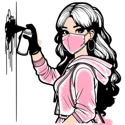 realistic girl with mask spray painting a wall