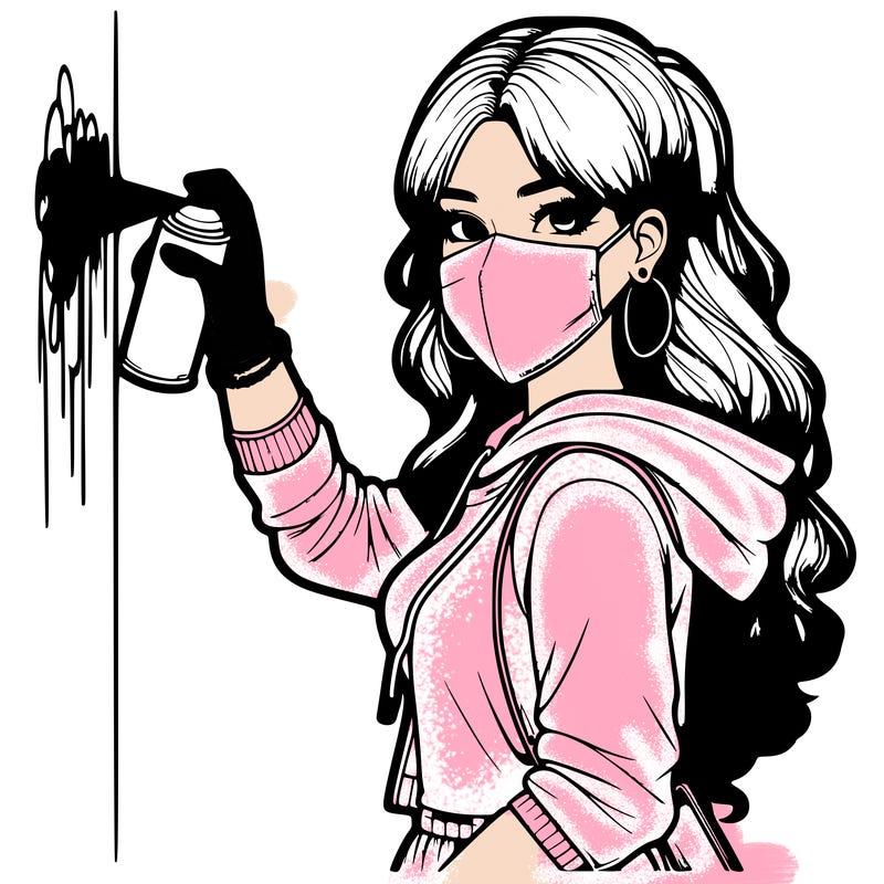 realistic girl with mask spray painting a wall