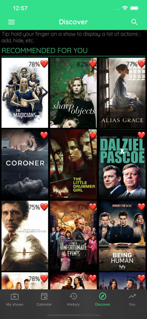 TV Show & Movie Tracker - Discover screen of a TV show tracker app with recommended series posters