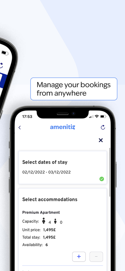 Amenitiz - Interfaccia mobile Amenitiz per la gestione delle prenotazioni alberghiere e della disponibilità degli alloggi.
