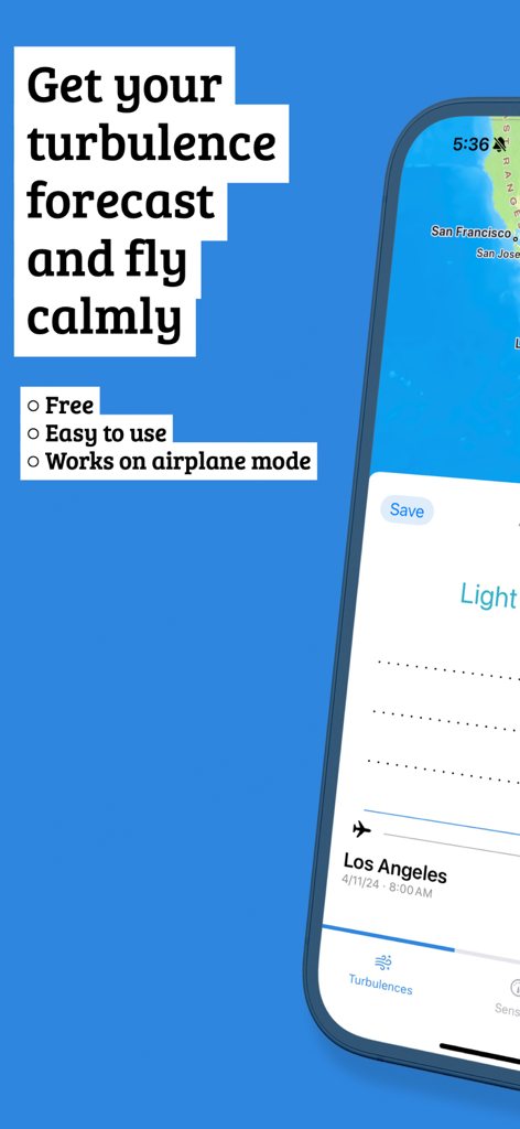 Interface de l'application Flying Calmly sur iPhone montrant une prévision de turbulences et une carte de vol
