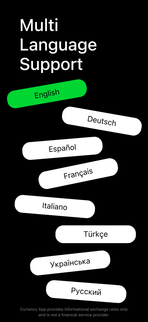 Interface screen of Currency App showing support for multiple international languages including English Spanish and French