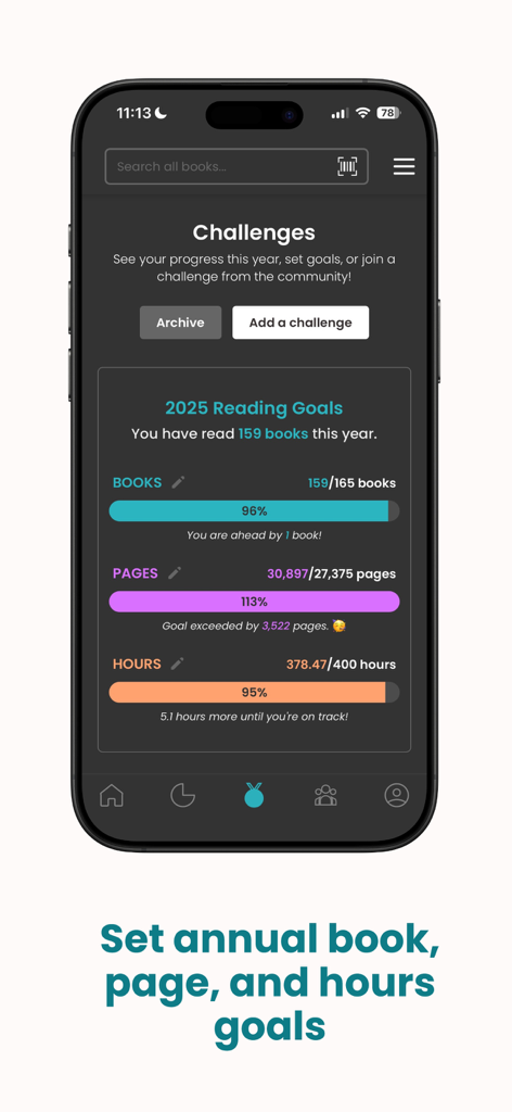 StoryGraph: Reading Tracker - StoryGraph app screen showing progress bars for annual book page and listening hours goals