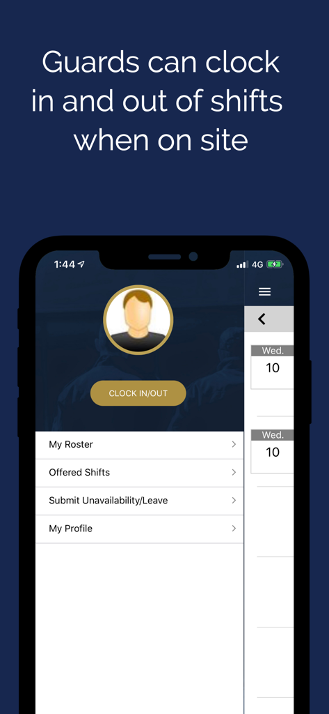 Interfaz de la aplicación móvil Guardhouse para que los guardias de seguridad registren su entrada y salida de los turnos.