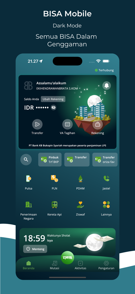 BISA Mobile - BISA Mobile app dashboard in dark mode showing Indonesian banking services and prayer times