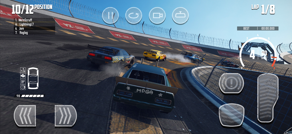 A high-speed racing scene in Wreckfest featuring multiple cars on a banked oval track with mobile gaming controls.